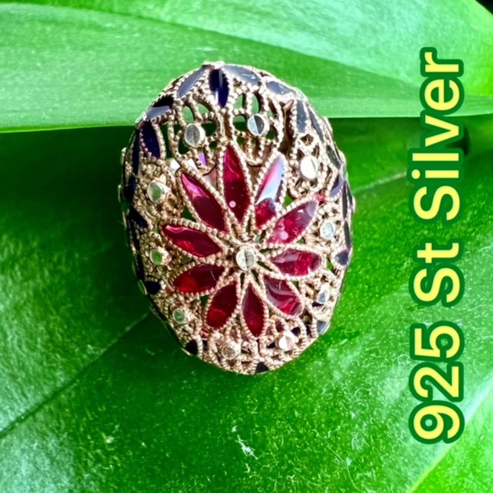 NWT 925 ST SILVER & ENAMEL PERFORATED FILIGREE FLOWERS RING